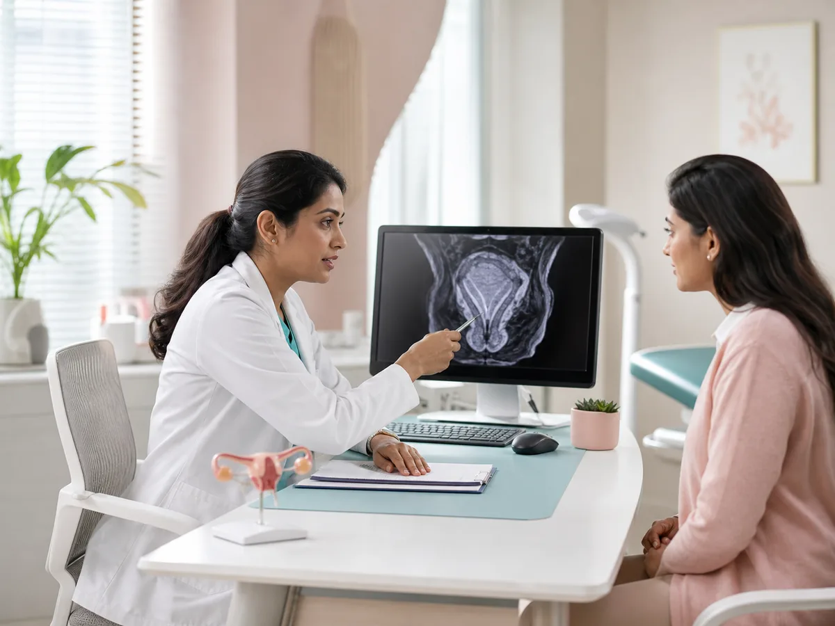 Gynaecologist reviewing a diagnostic scan with a patient